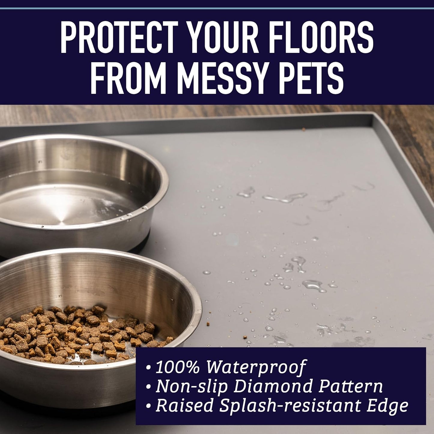 Dog Food Mat - Waterproof Cat & Dog Bowl Mat for Food and Water, Silicone Pet Feeding Mats for Floors, Non-Slip Placemat with High Edges, Puppy Essentials (XL: 25"X17", Gray)