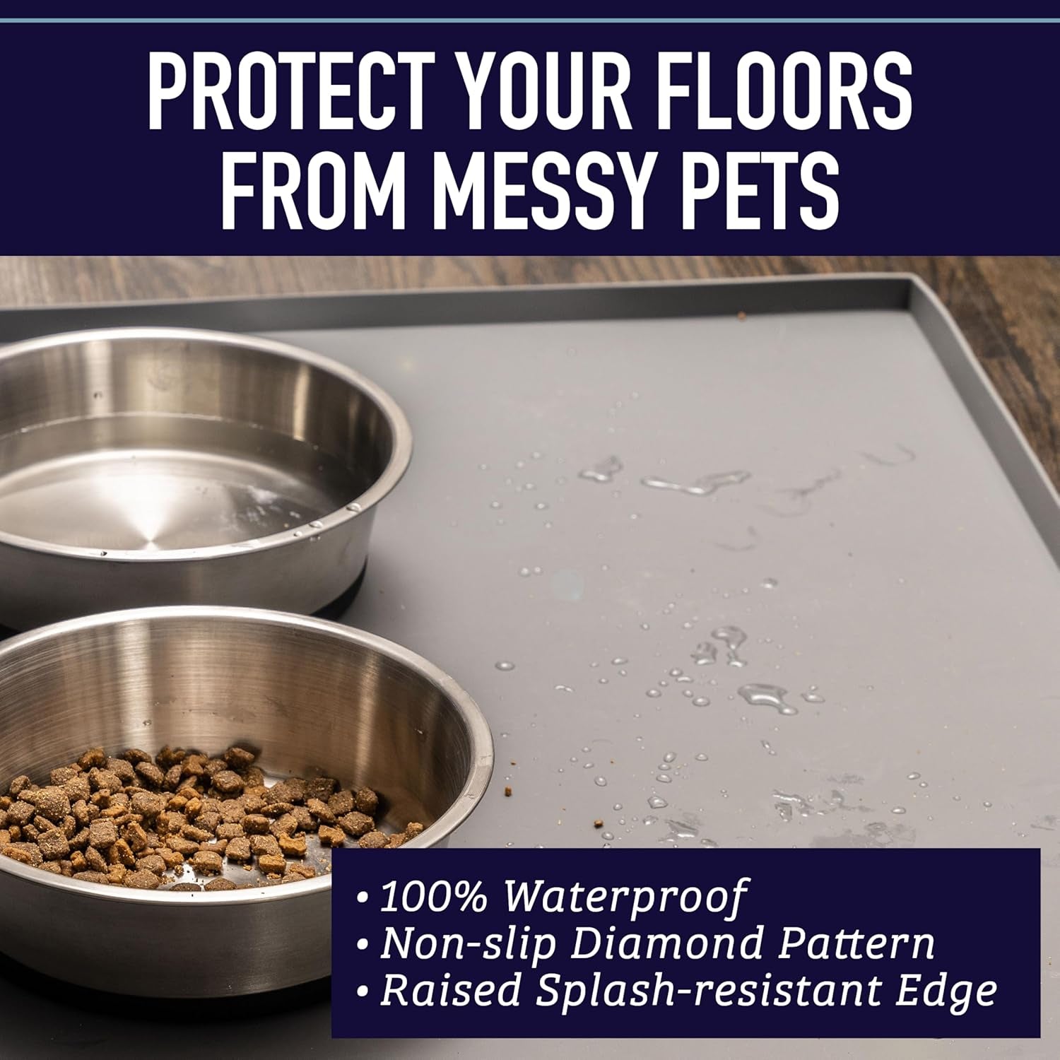 Dog Food Mat - Waterproof Cat & Dog Bowl Mat for Food and Water, Silicone Pet Feeding Mats for Floors, Non-Slip Placemat with High Edges, Puppy Essentials (XL: 25"X17", Gray)