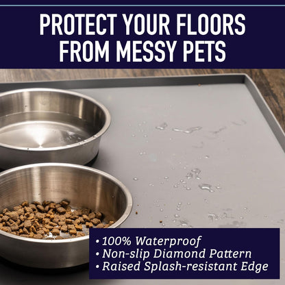 Dog Food Mat - Waterproof Cat & Dog Bowl Mat for Food and Water, Silicone Pet Feeding Mats for Floors, Non-Slip Placemat with High Edges, Puppy Essentials (XL: 25"X17", Gray)